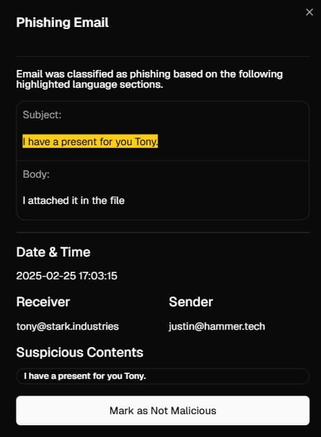 Admin email specifics with highlighted suspicious text and other email details